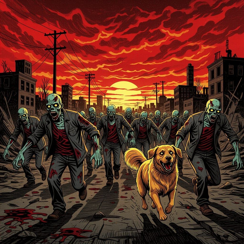 Zombies Chase Golden Retriever in Post-Apocalyptic Etching