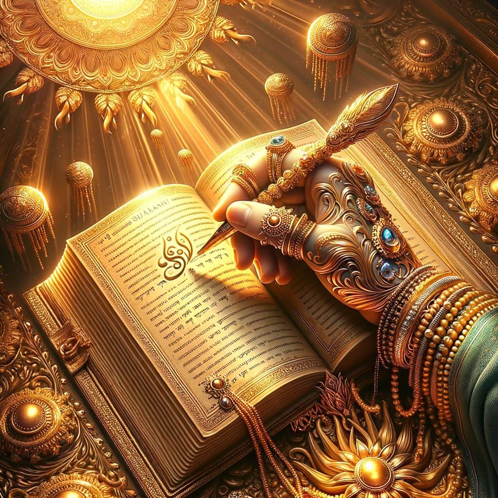 Ganesha's Hand Holds Pen to Golden Book, Inspiring Wisdom