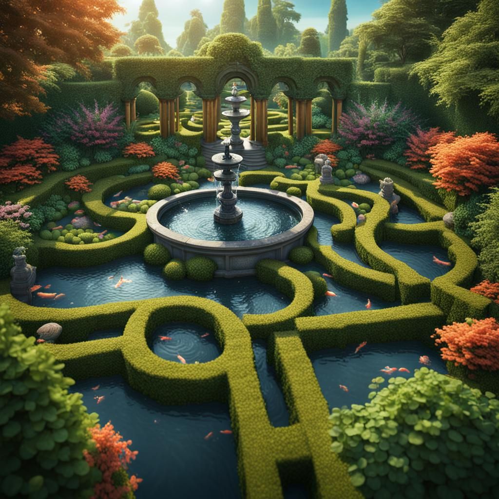 Lush Garden Maze Center in Detailed Matte Painting