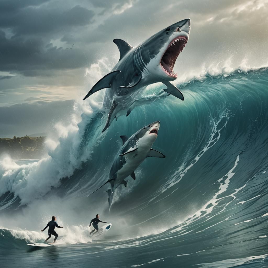 Surfers Chase: Ocean Wave Shark Attack in Digital Art