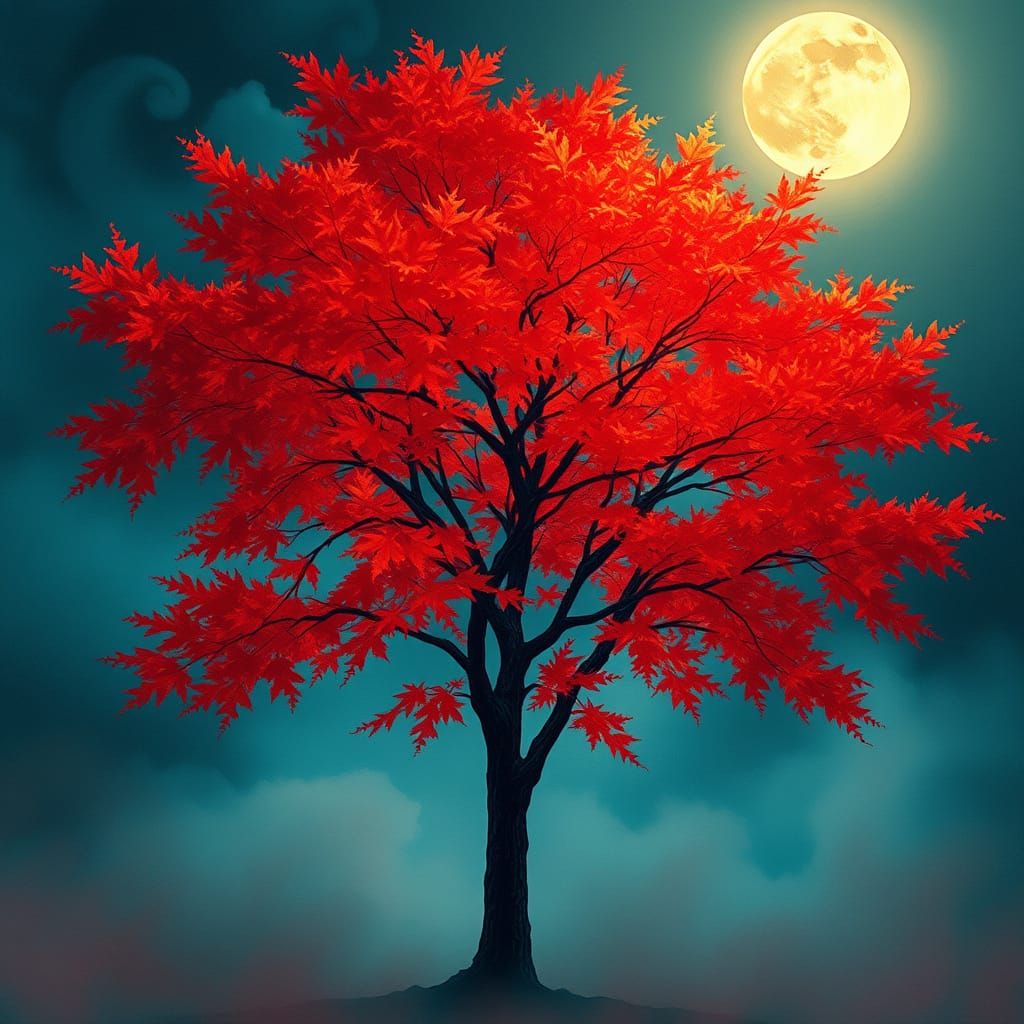 Dreamlike Red Maple Tree under Misty Moonlight, in Vibrant I...