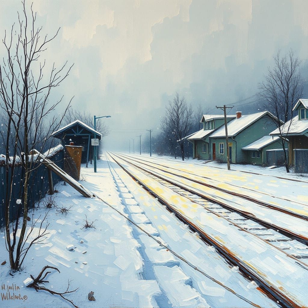 Snowy Station in Neo-Impressionist Style