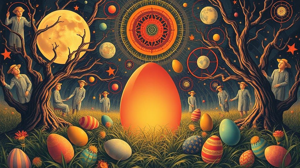 Psychedelic Easter Egg Hunt Scene in Art Nouveau Style