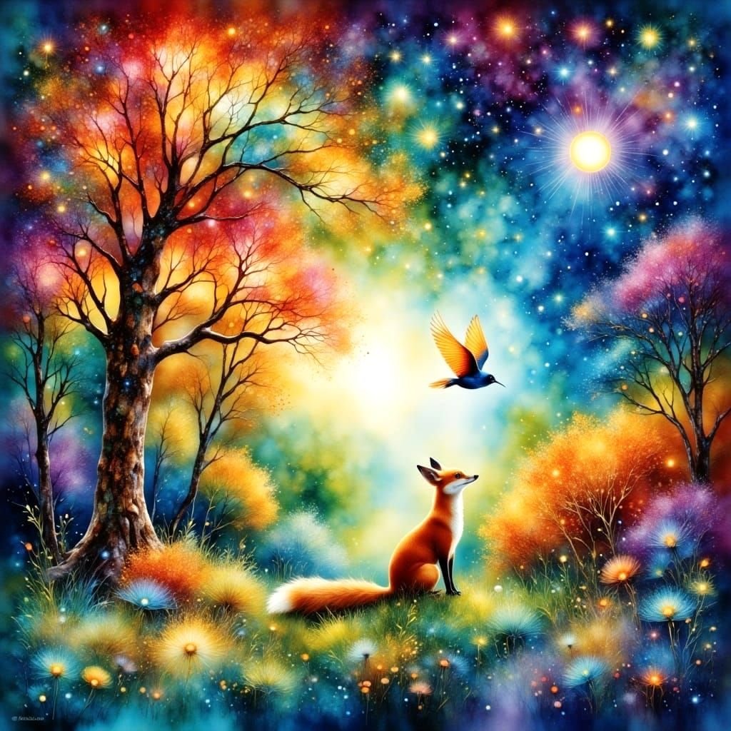 Surreal Nighttime Garden Scene with a Fox in Flight