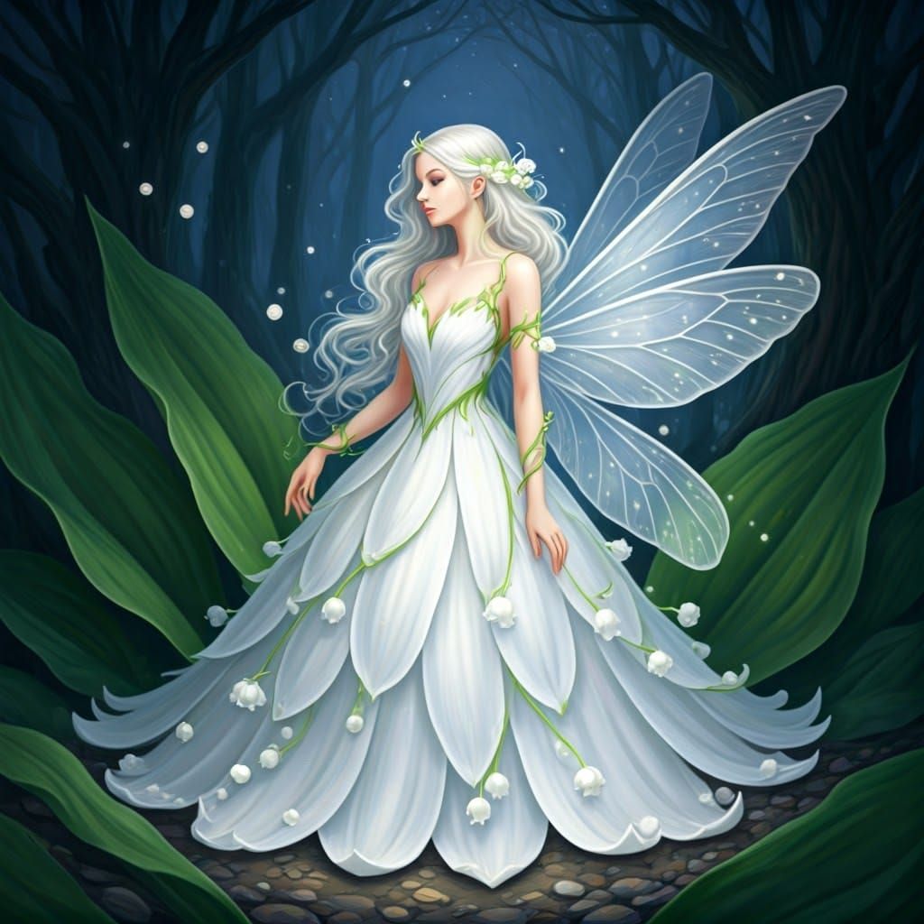 Ethereal Lily of the Valley Fairy in a Dreamy Moonlit Glade