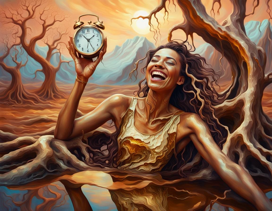 Bronze Scaled Woman Laughing in Surreal Landscape