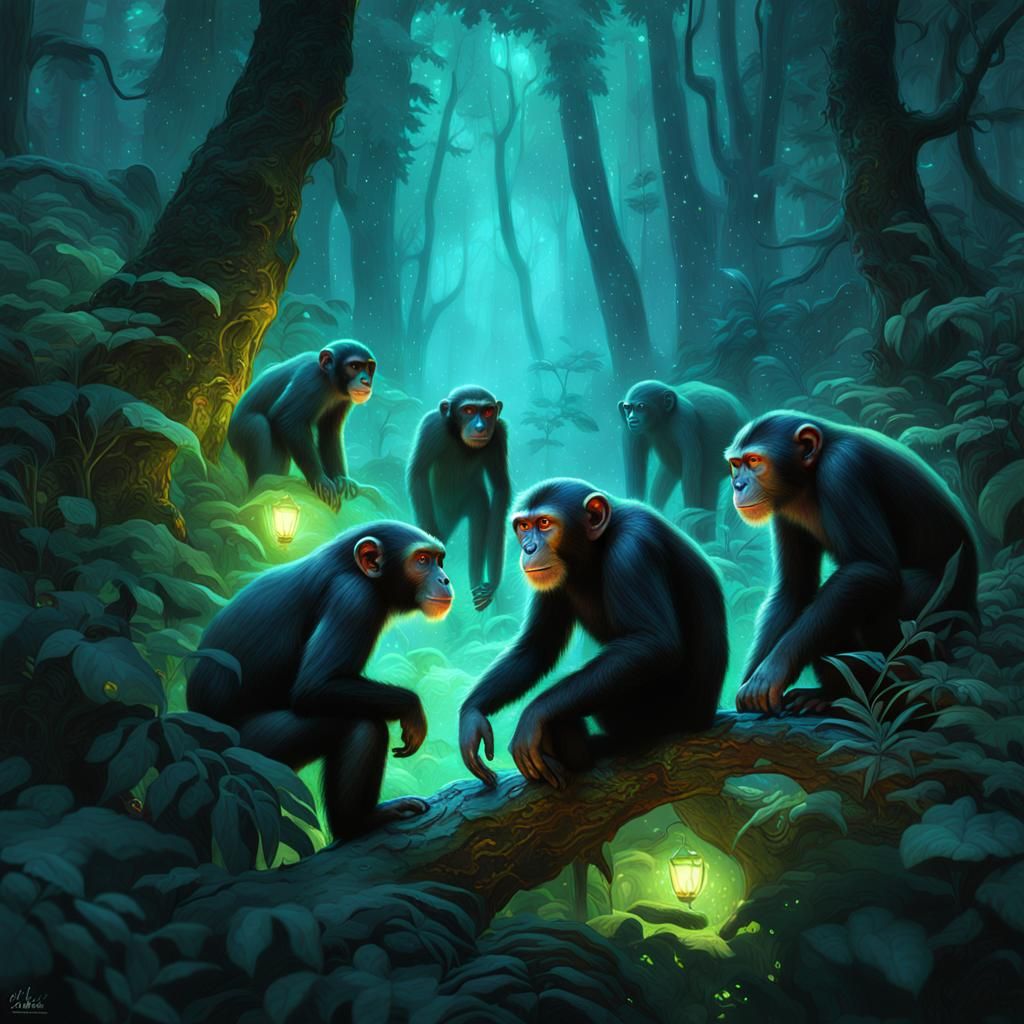 MATTE PAINTING, 

Monkey troop in a dense, bioluminescent forest:: A troop of [specify monkey species if desired] with v...
