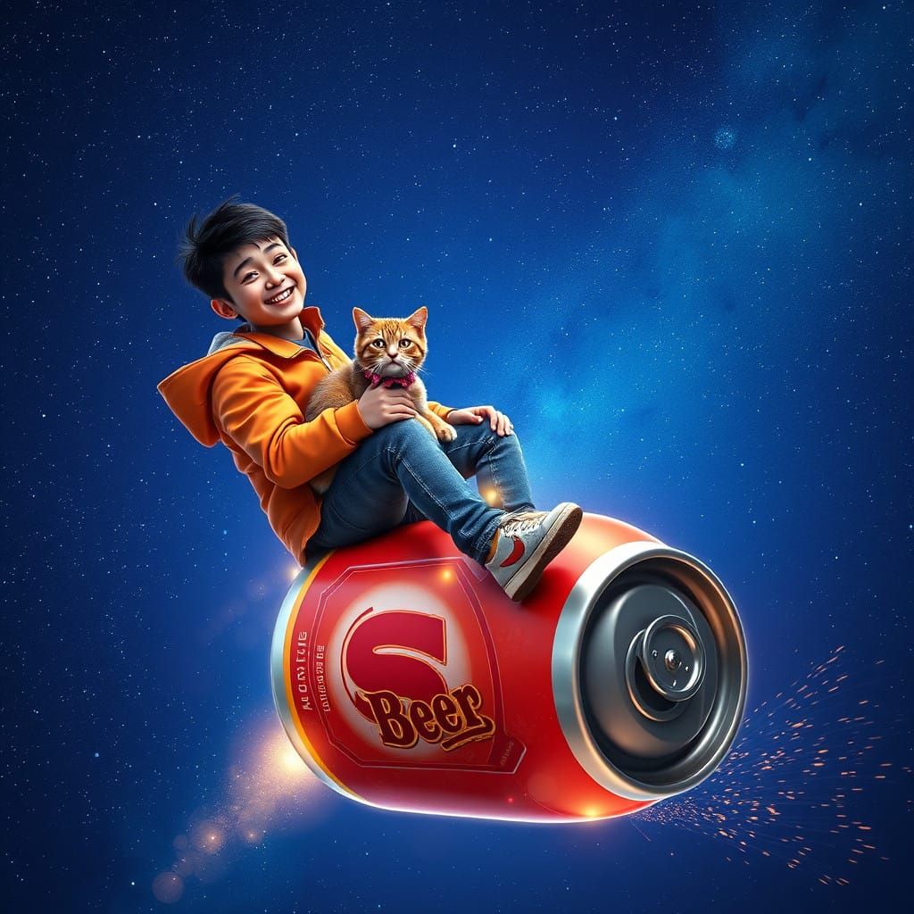 Whimsical Cosmic Beer Can Ride in Vibrant Orange Jacket