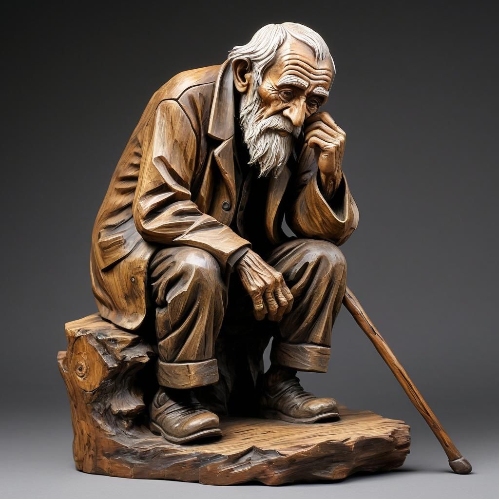 Wooden Sculpture of an Old Man with Cane