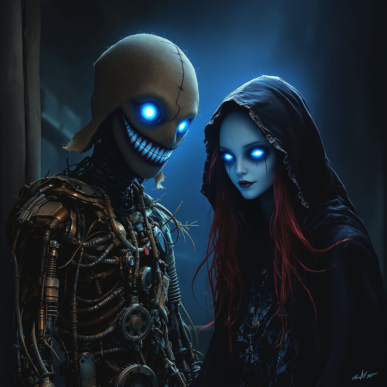 Surreal Scarecrow Couple in Eerie Blue Light