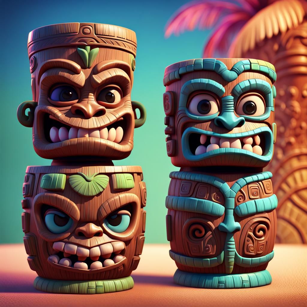 Funny Tiki Mugs in 3D Digital Art