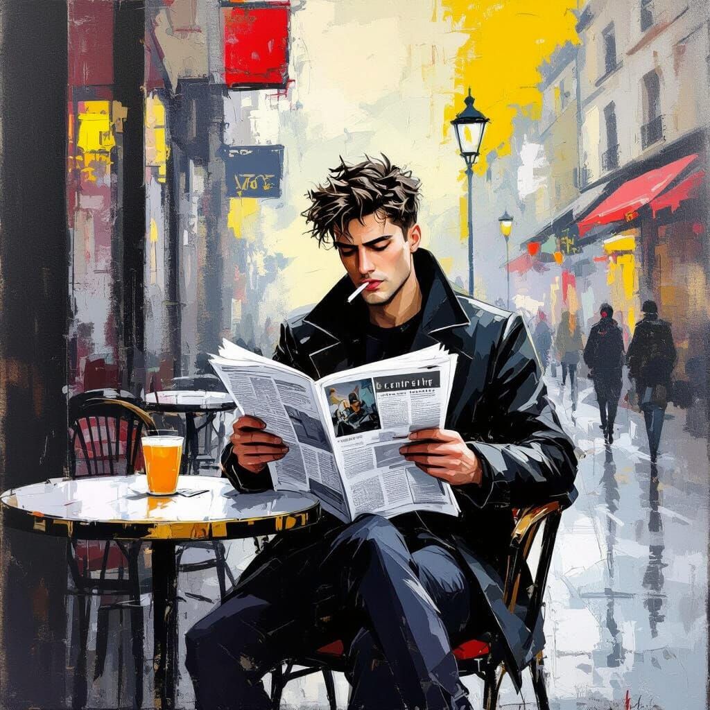 Man Reading Newspaper on Cafe Terrace in Abstract Style