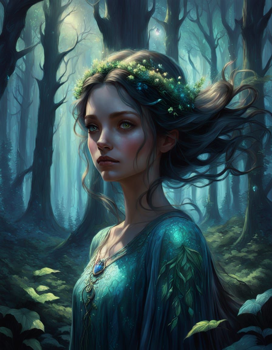 Fantasy Art Matte Painting of Woman in Enchanted Forest
