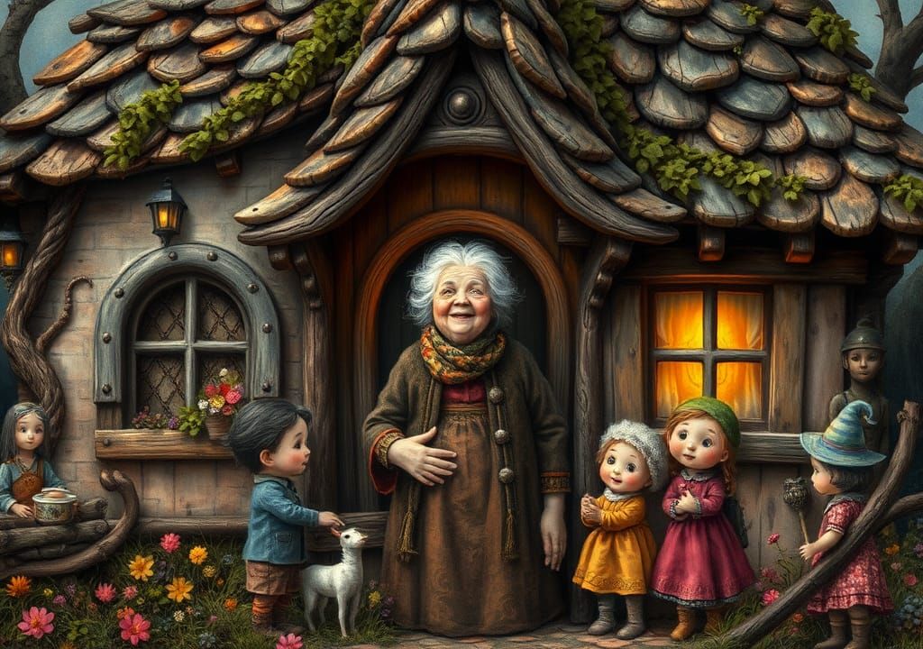 Welcoming Grandmother and Grandchildren: Surrealist Illustra...