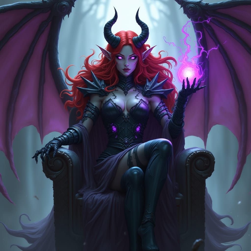 Dark Sorceress with Crimson Hair on Obsidian Throne