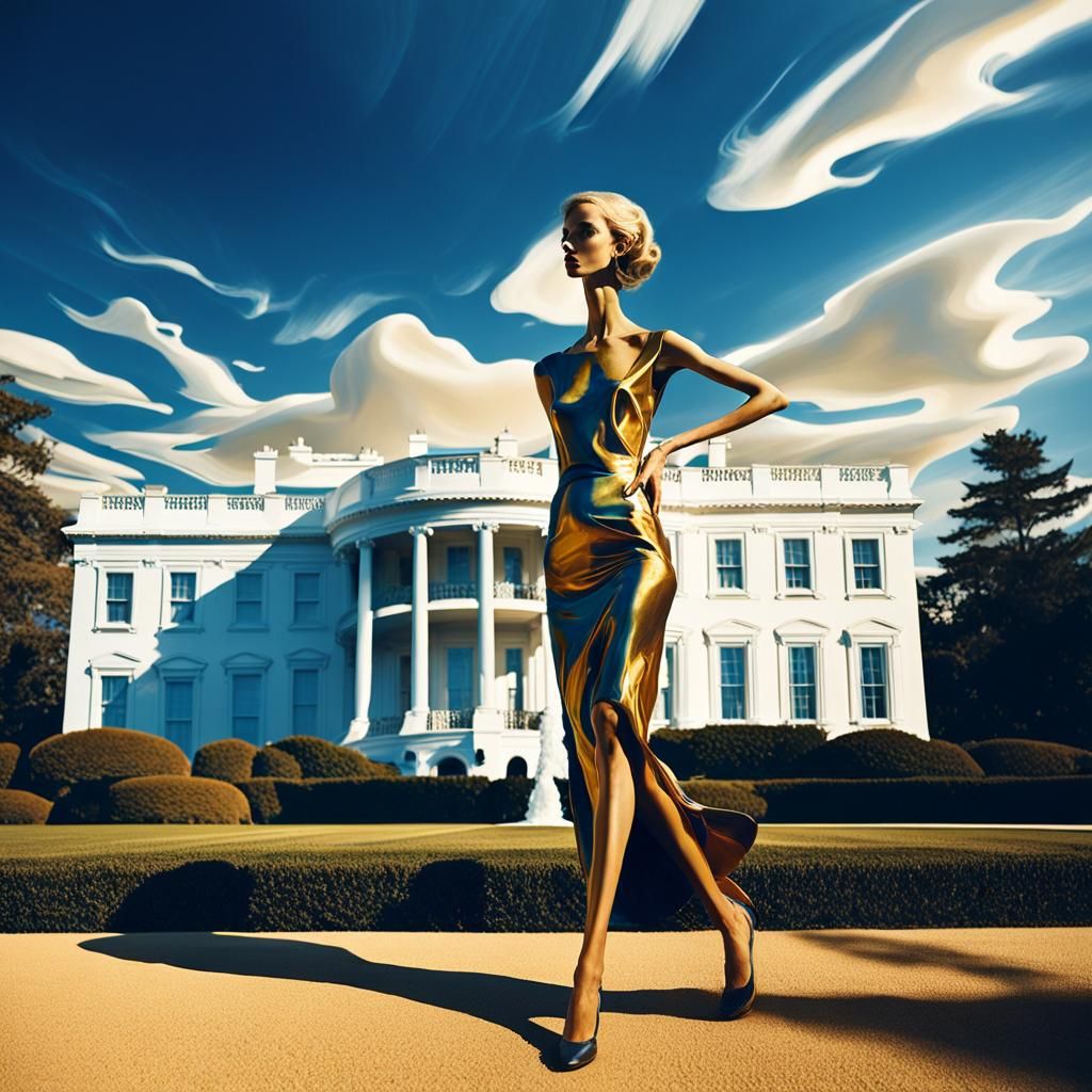 Dreamlike Mannequin in Front of a Distorted White House