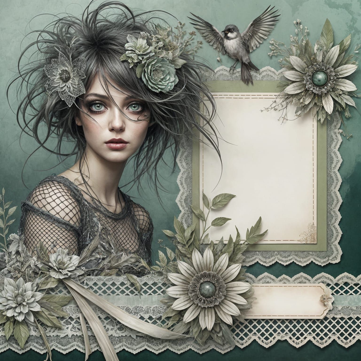 Fantasy Scrapbooking Page with Unique Flowers and Expressive...