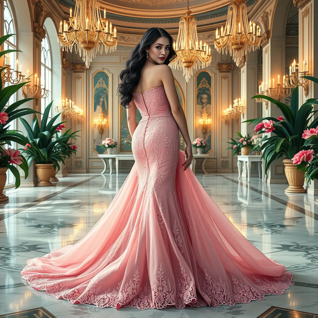 Elegant Woman in Pink Gown, Art Nouveau Style