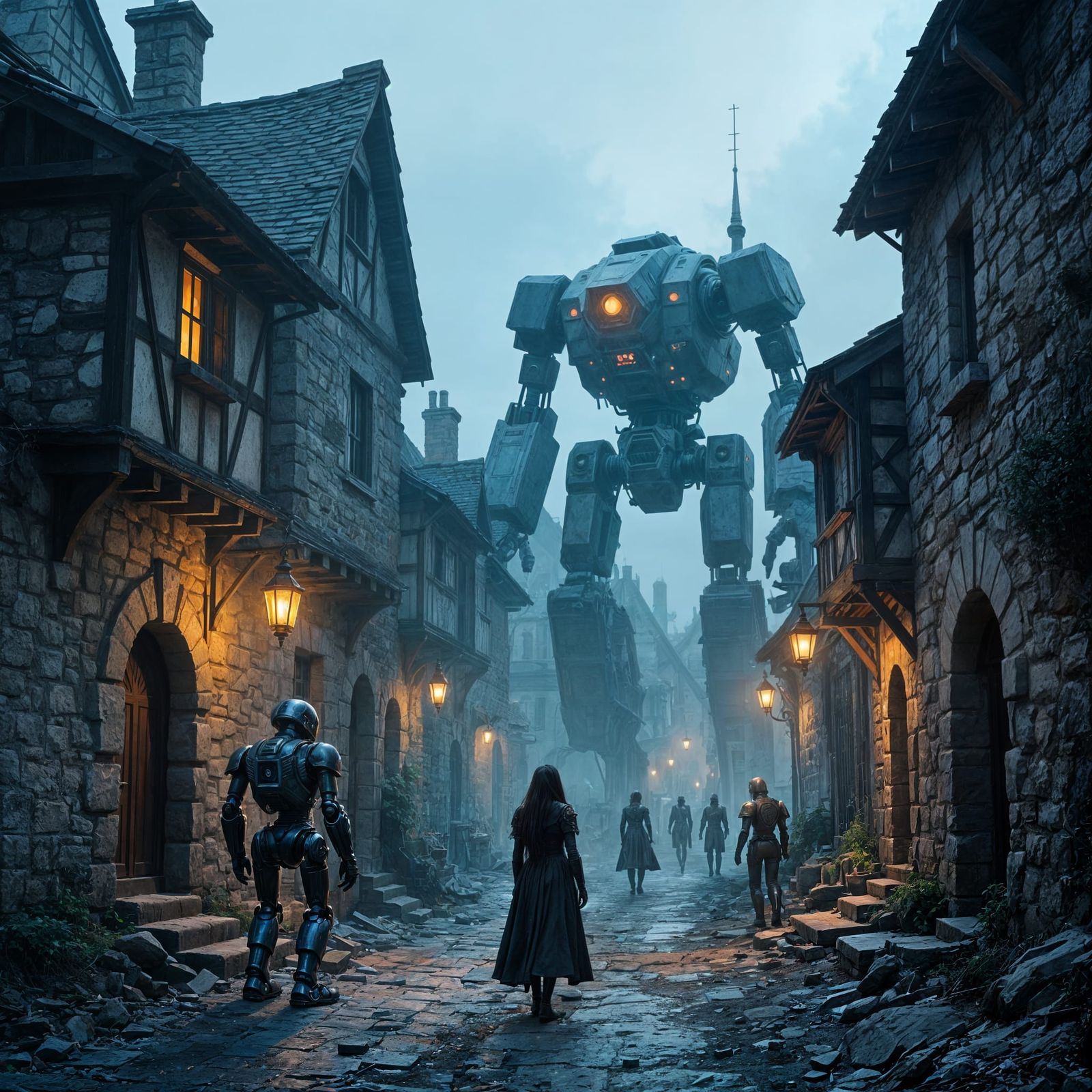Dystopian Medieval Town with Robots and Humanoid Eva