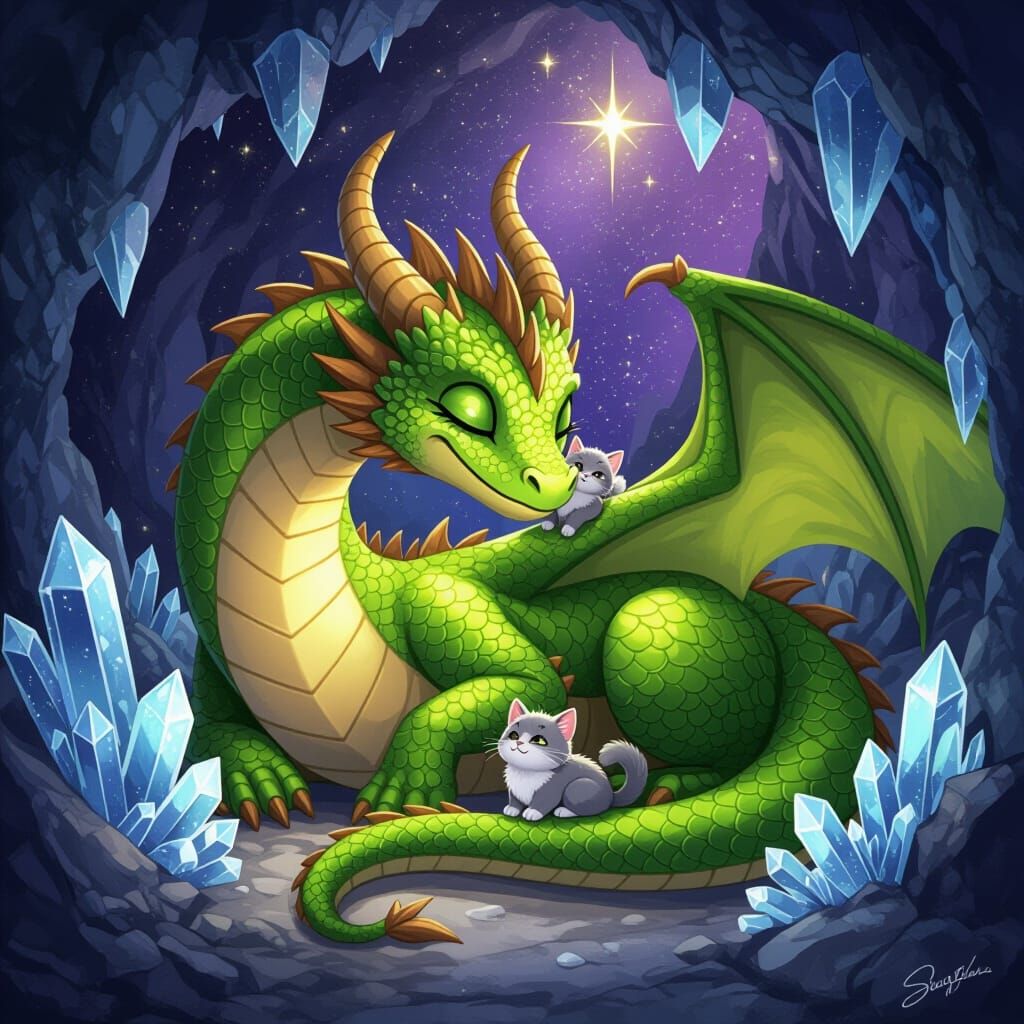 Giant Green Dragon Sleeps Peacefully with Cat in Crystal Cav...