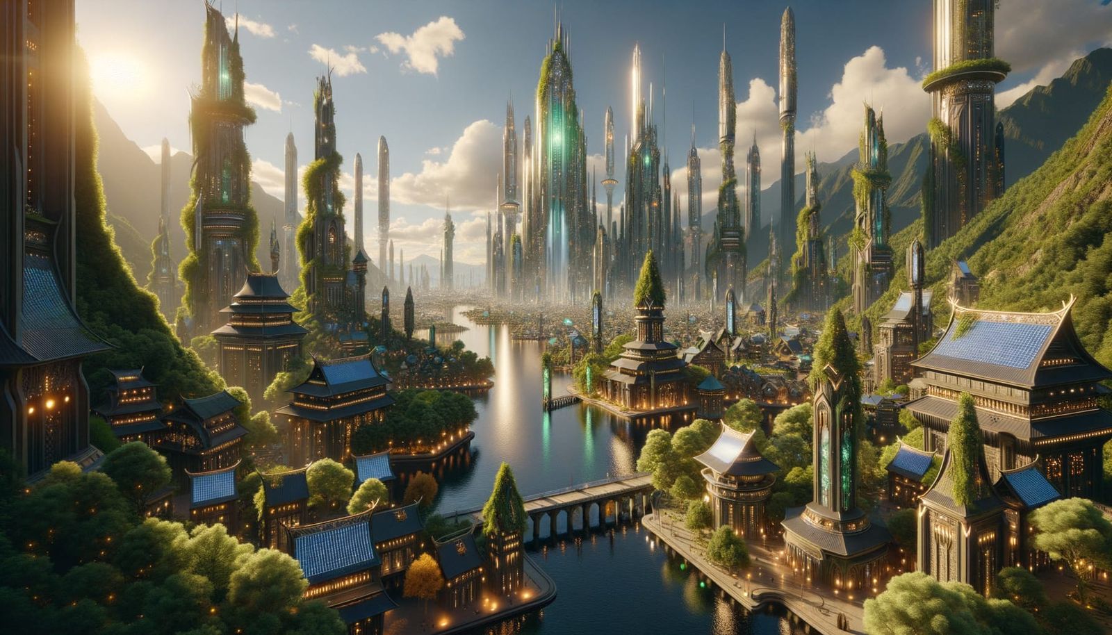 Futuristic Elven City: Solarpunk and Windpunk Fusion