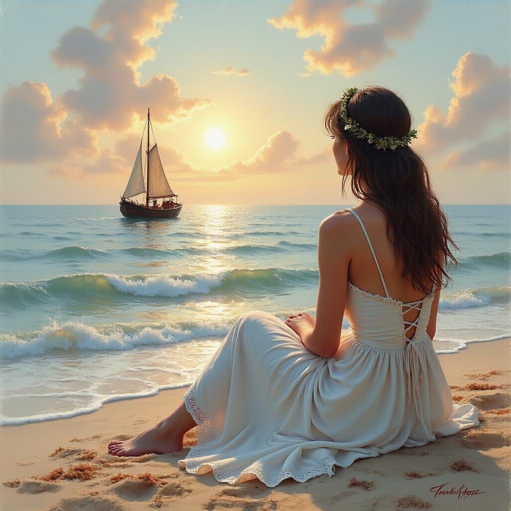 Woman Gazing at Sea: Acrylic Oil Painting