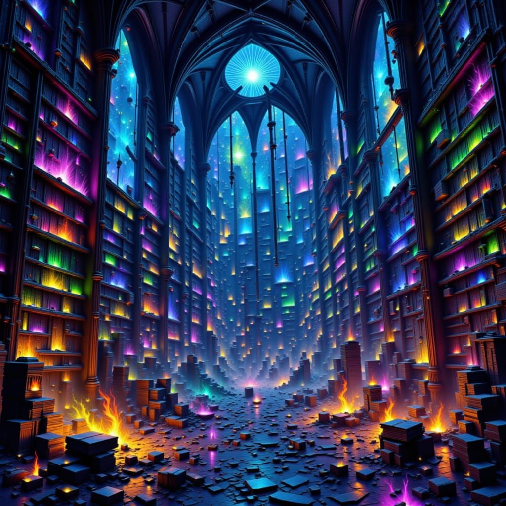 Cosmic Library with Neon Books and Nebulae