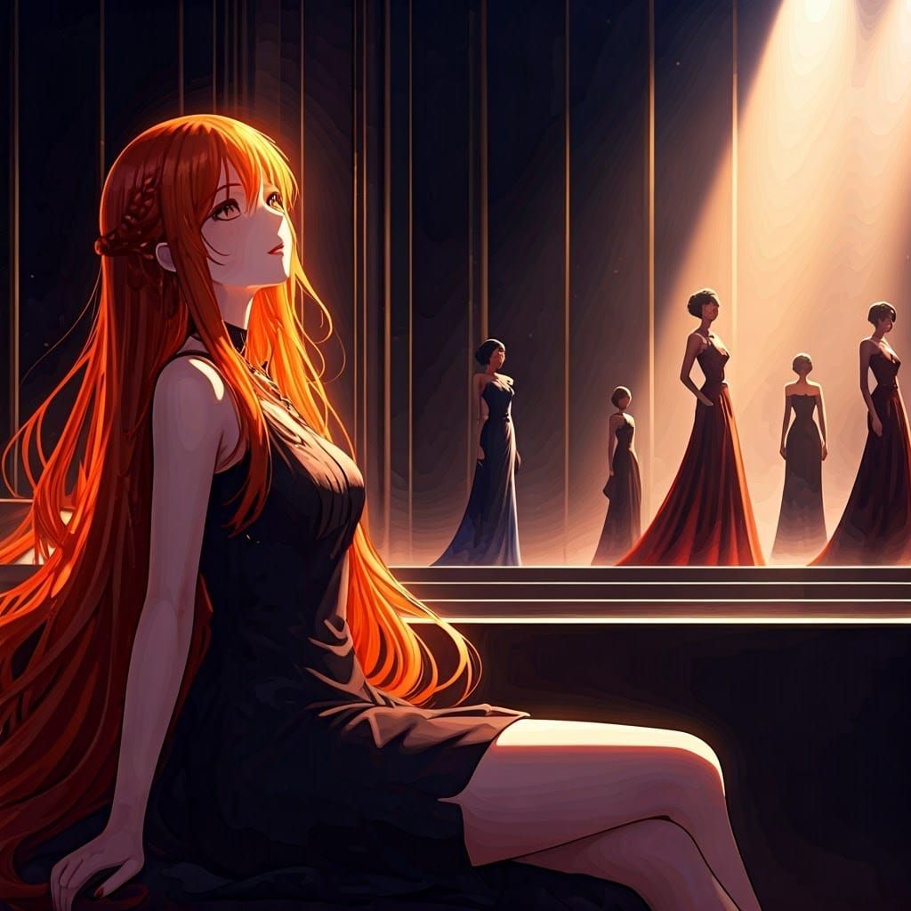 Fiery-Haired Woman at High-Fashion Catwalk