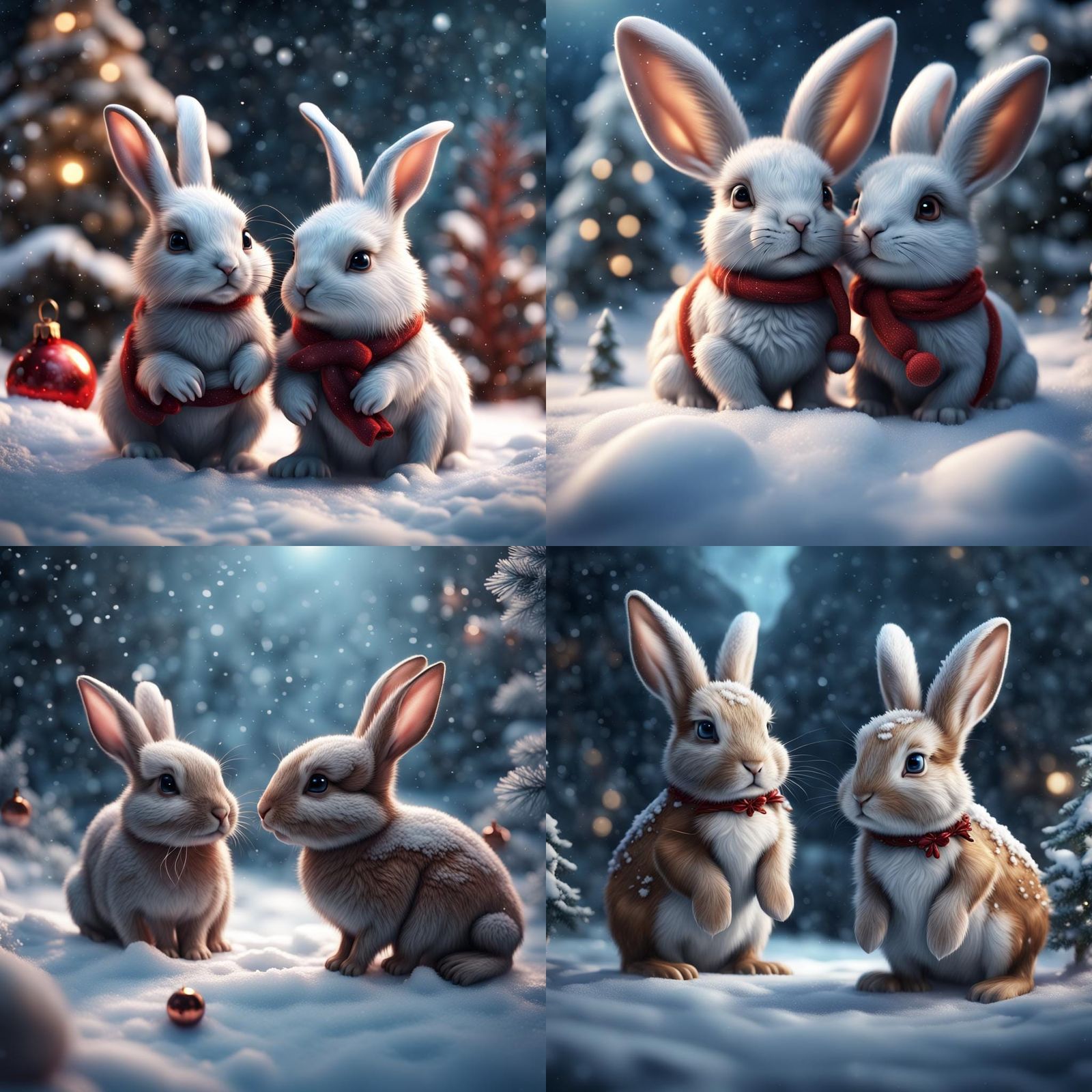 Christmas Rabbits in Snowy Fantasy Landscape