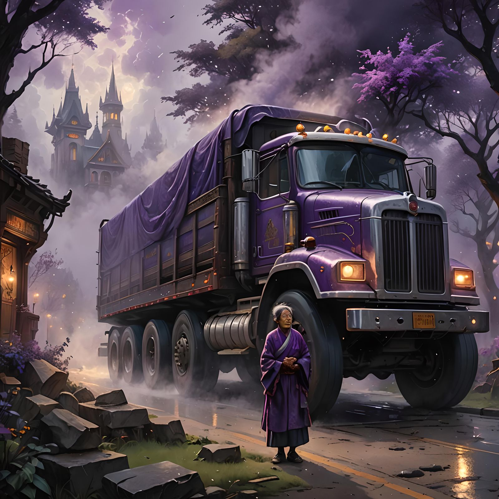 Old Asian Woman and Semi Truck in Dark Fantasy Style