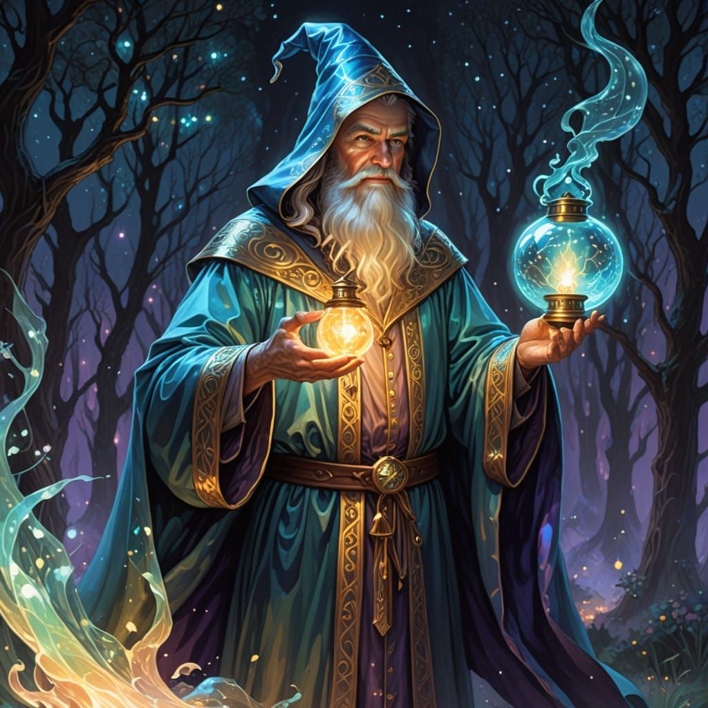 Wizard Holds Enchanted Lantern Casting Opalescent Light