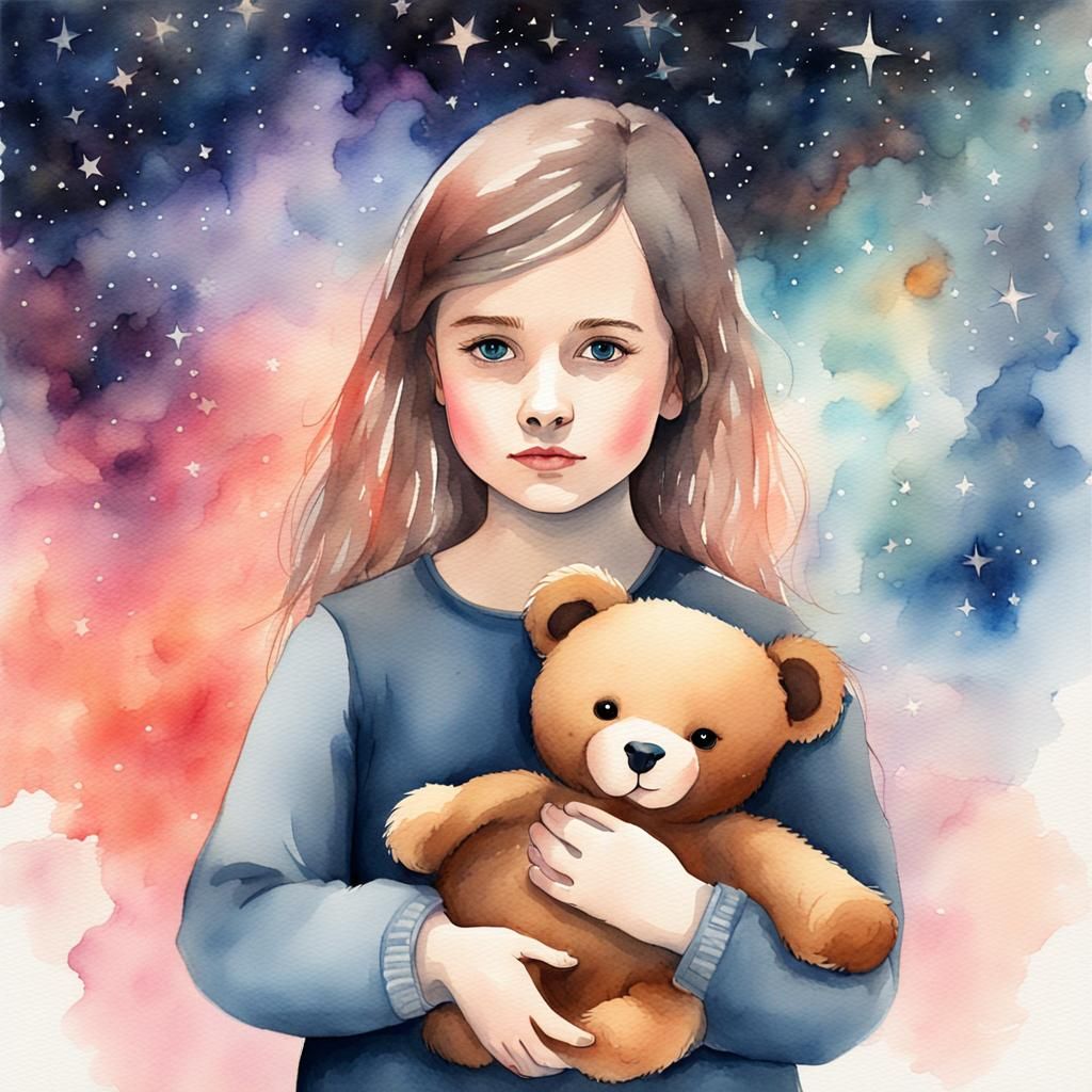 Girl with Teddy Bear in Cosmic Watercolor