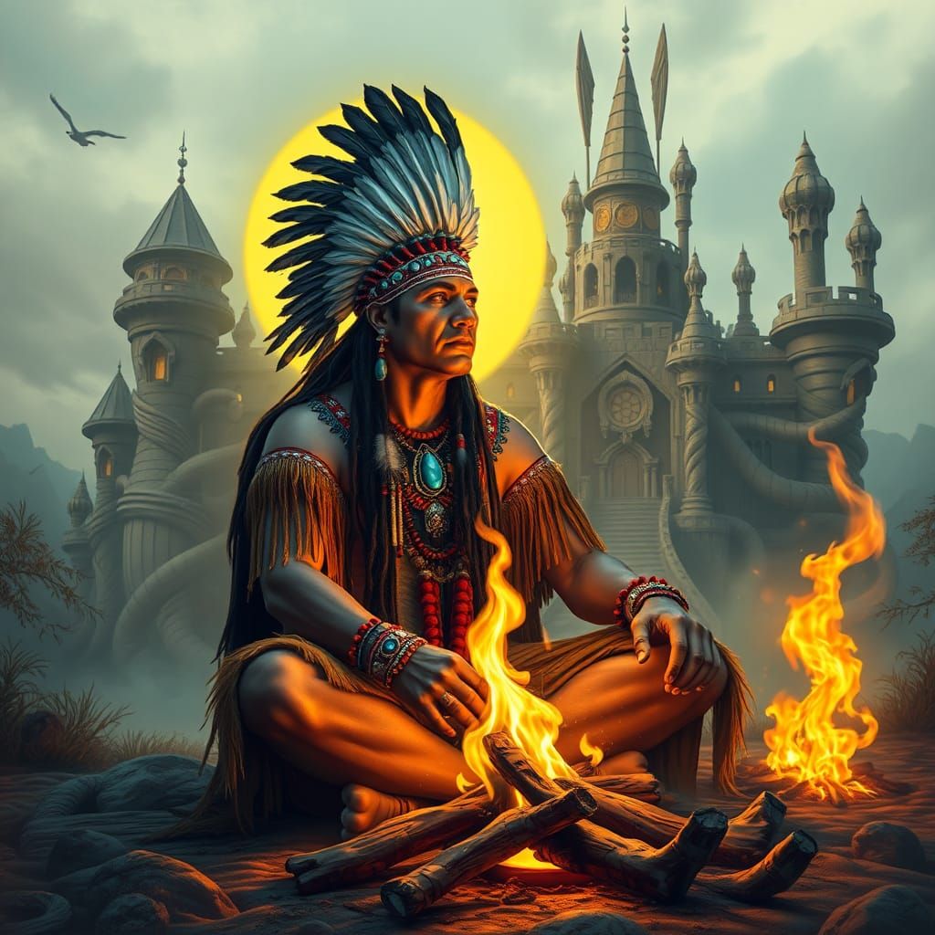 Native American Shaman Vision by Campfire