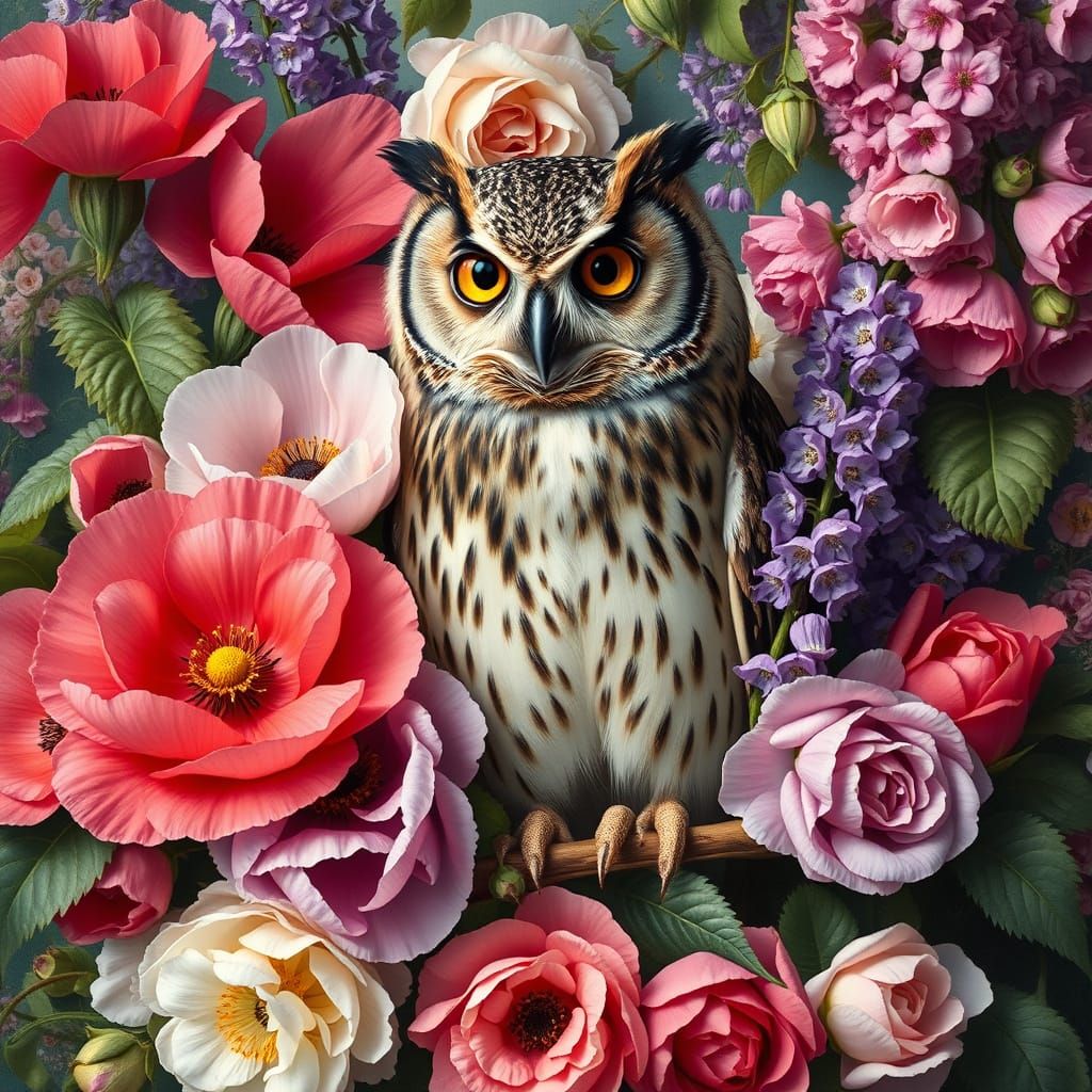 Vibrant Botanical Owl Still Life in a Garden of Poppies and ...