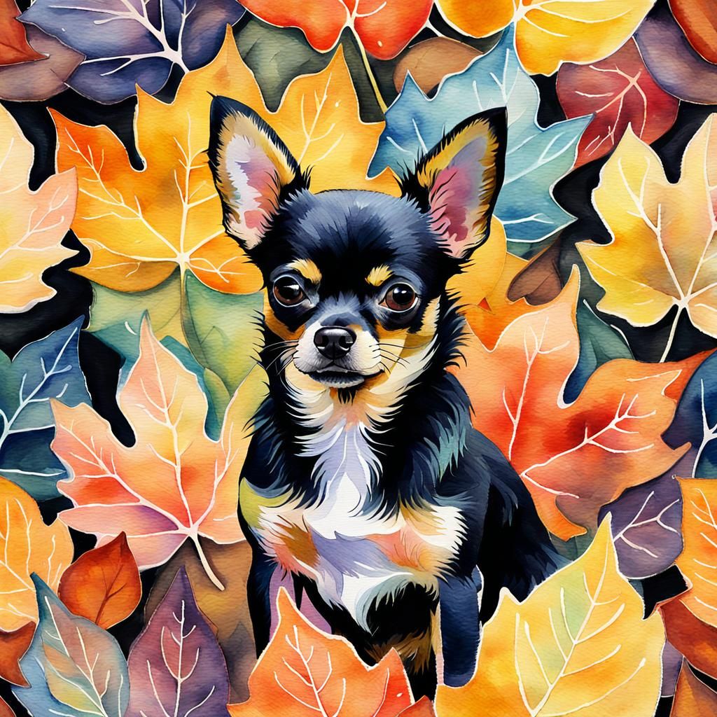 Chihuahua in Expressionist Autumn Landscape Watercolor