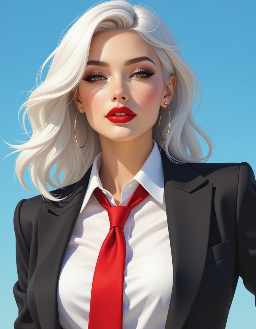 Fashion Portrait: Confident Woman with White Hair and Red Ti...