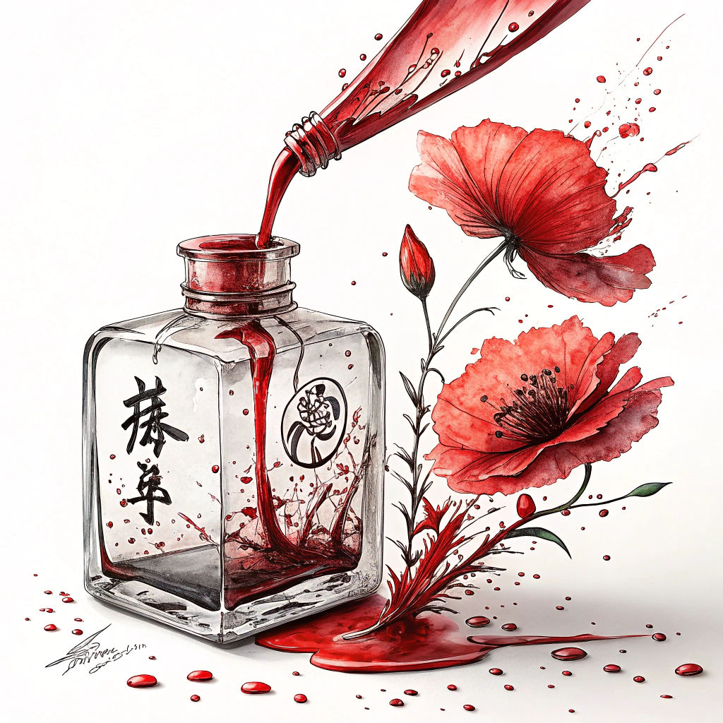 Abstract Ink Poppy in Chinese Watercolor Style