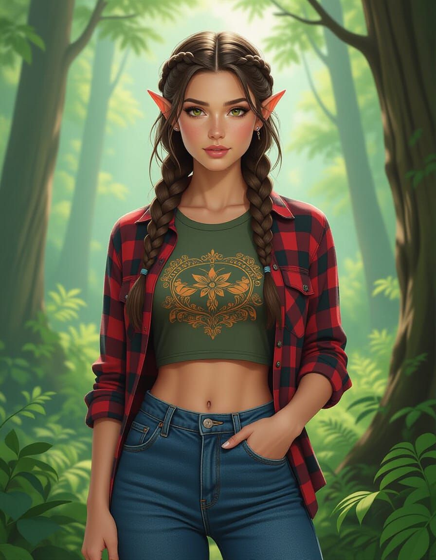 Elf Woman in 90s Fashion, Detailed Illustration