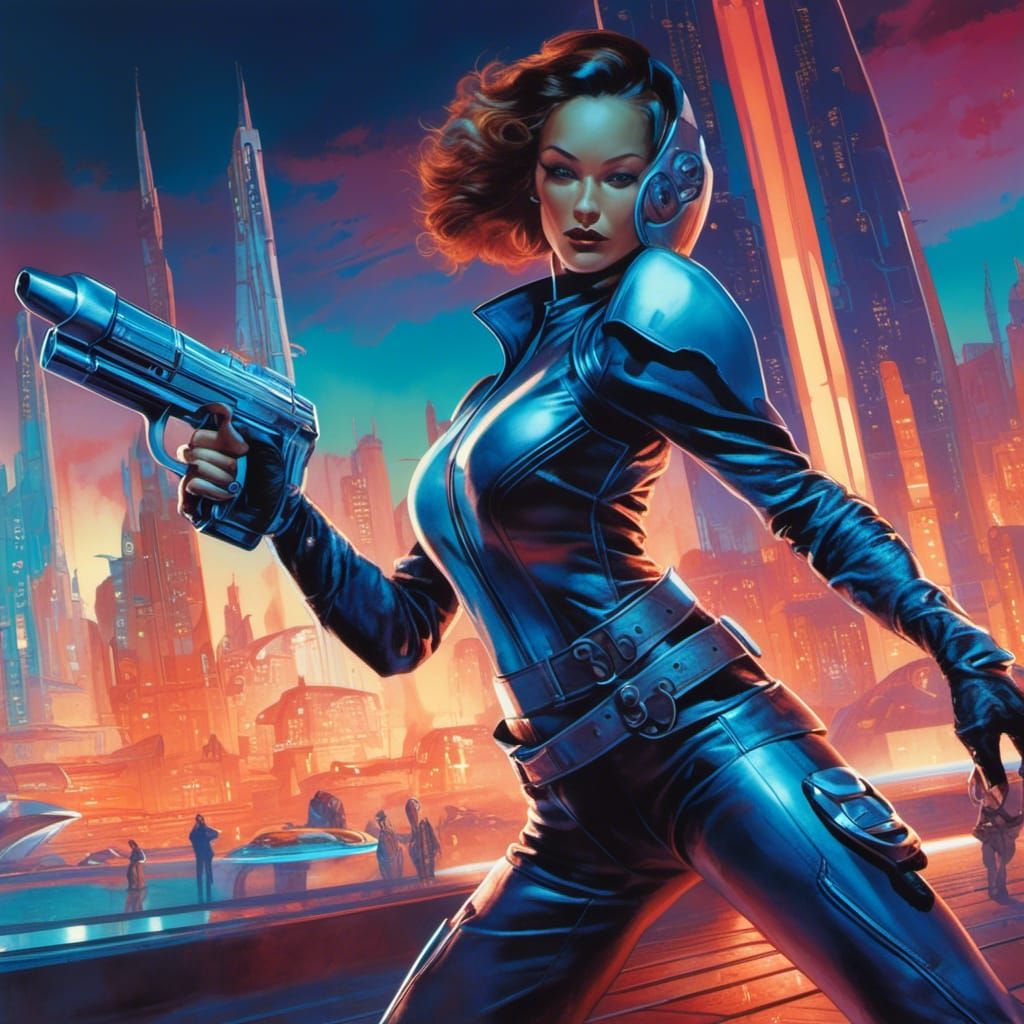 Futuristic Woman with Handgun in Cyberpunk City