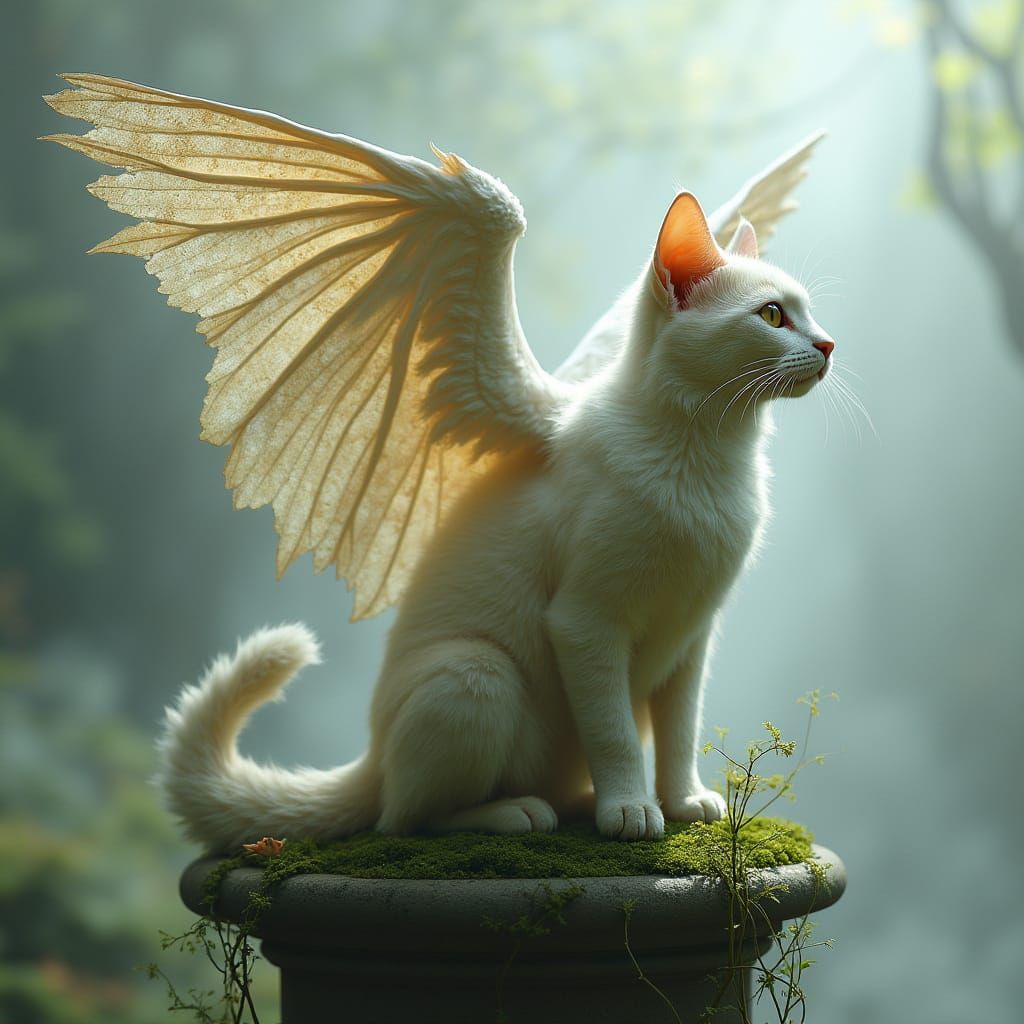 Majestic Winged Feline in Enchanted Forest Setting