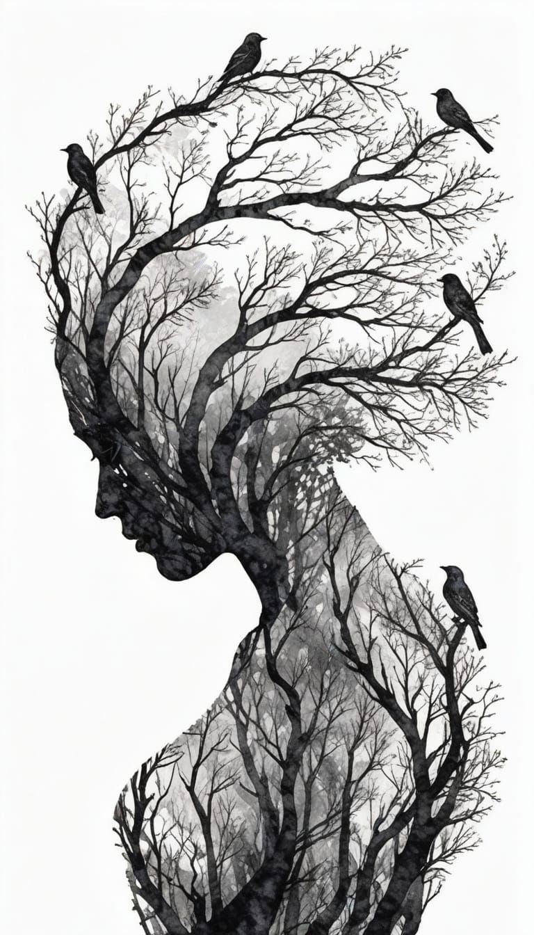 Elegant Ink Silhouette of Tree Branch Humanoid