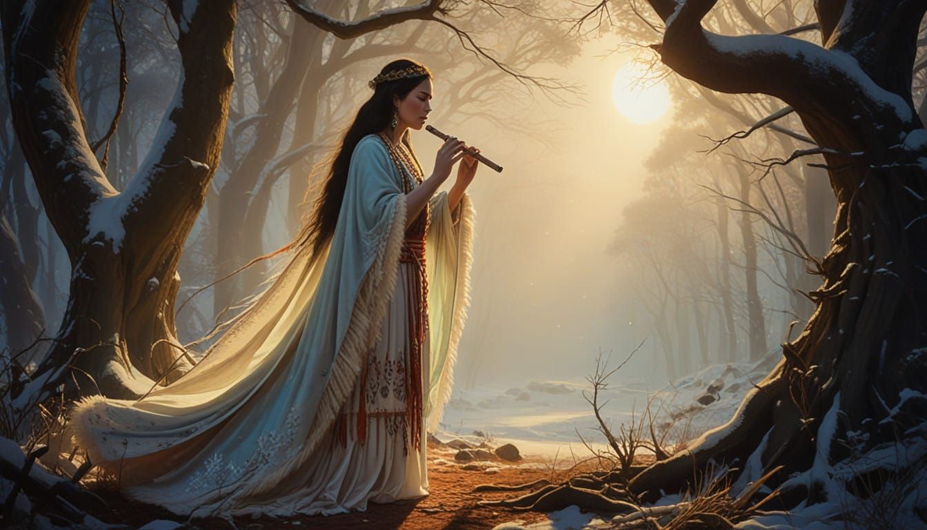 Mystical Shaman Woman in Serene Snowy Forest