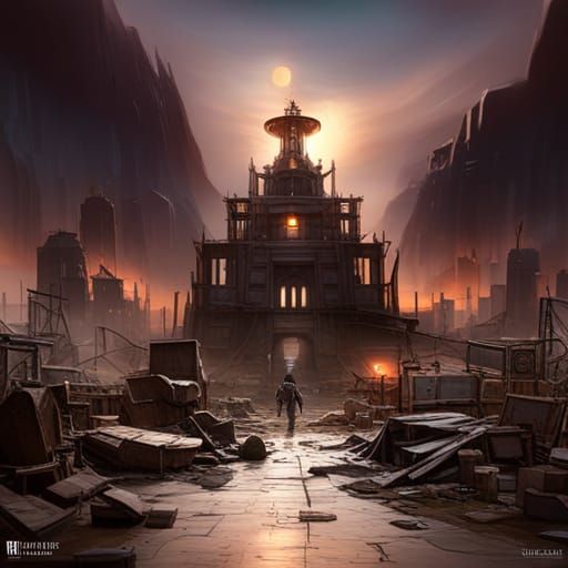 Post-Apocalyptic Cat Civilization in Dark Fantasy Style