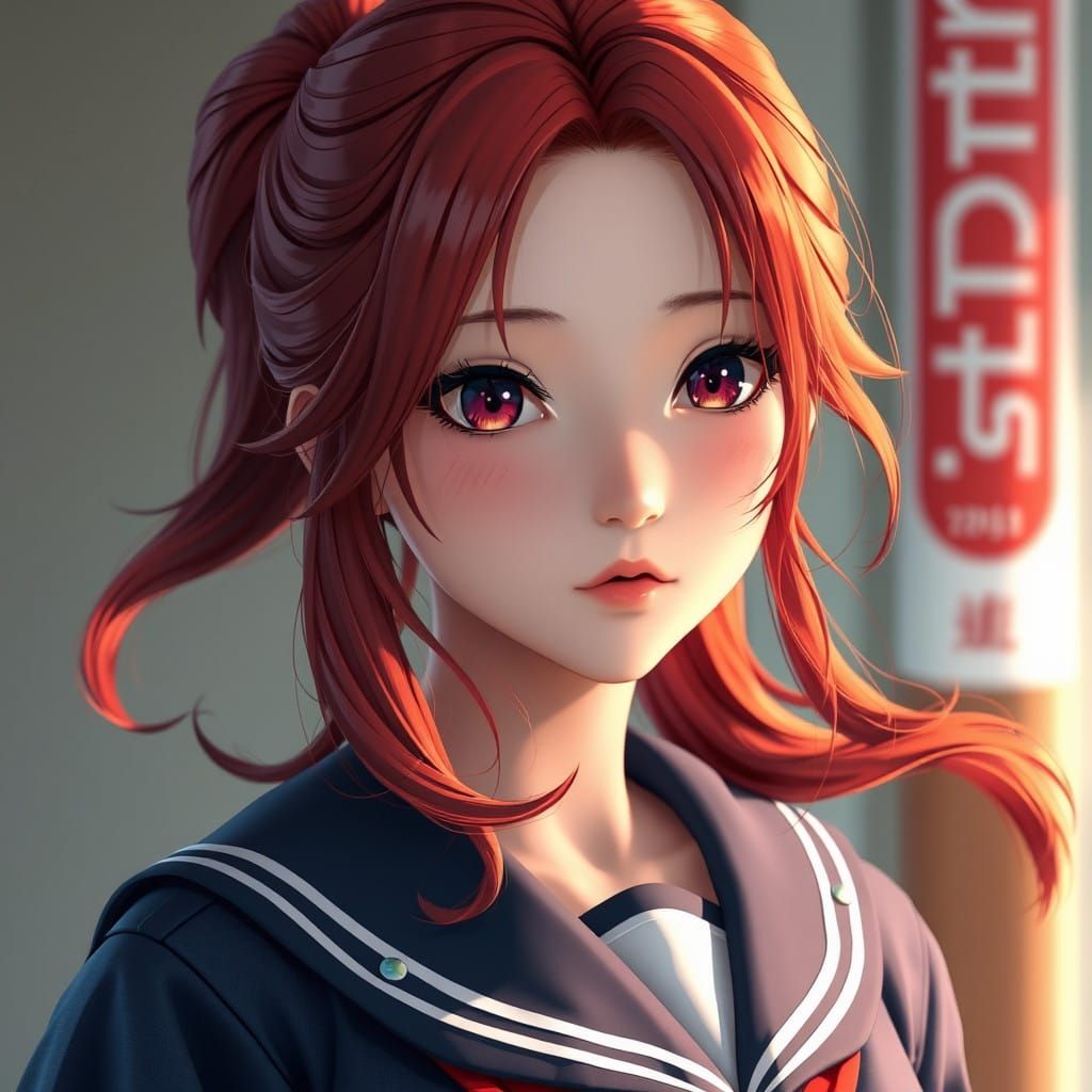 Serene Red-Haired Schoolgirl in Dark Blue Uniform
