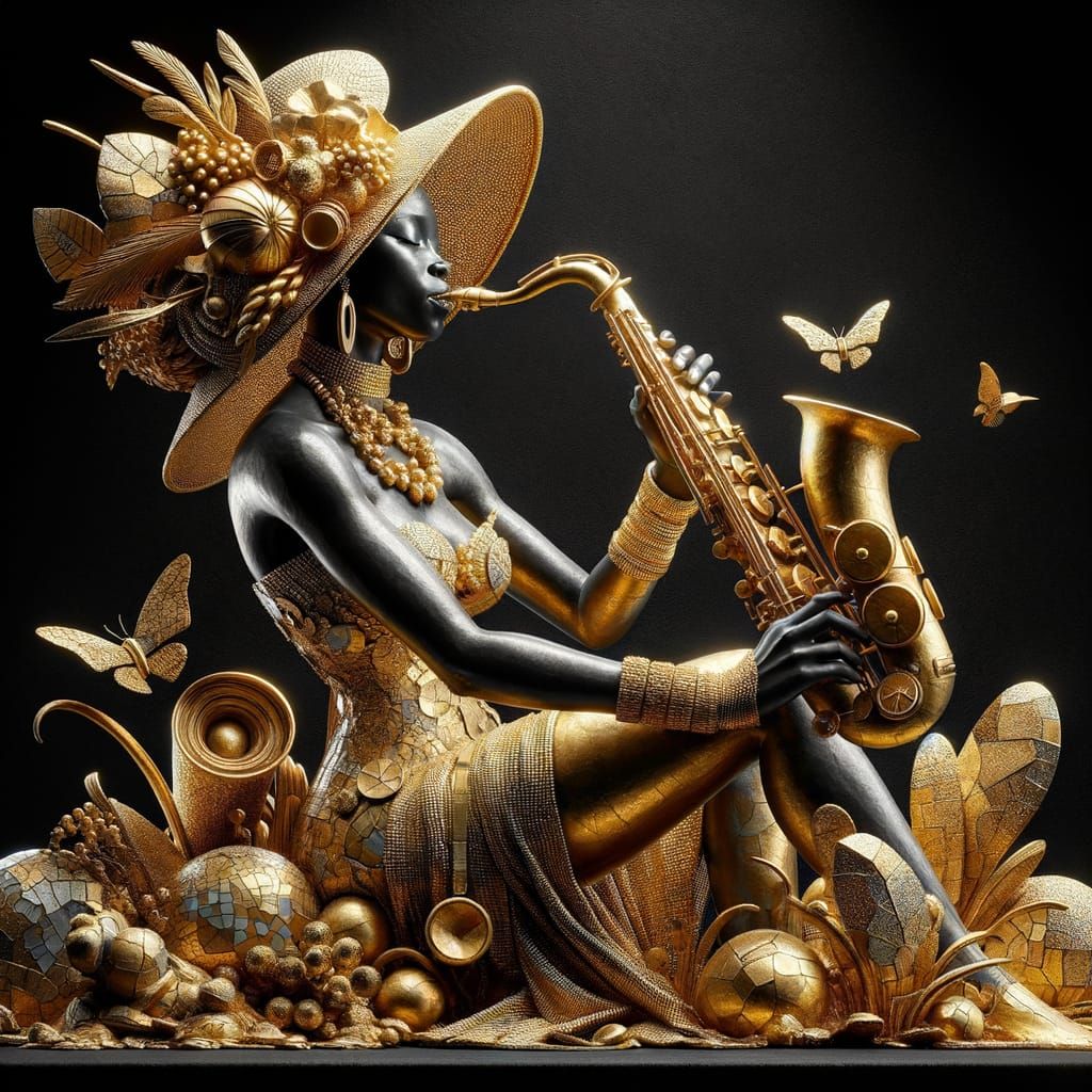 Golden Saxophone Player in Maximalist 3D Collage