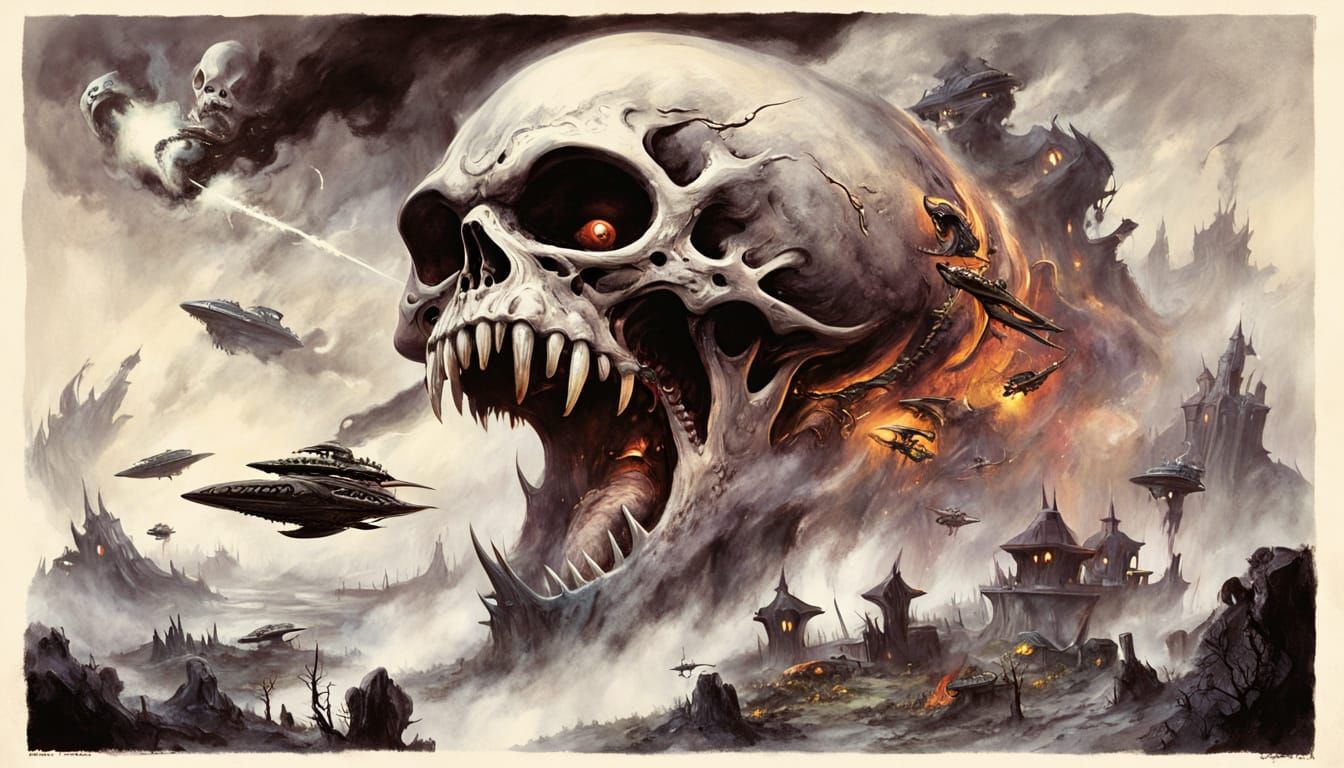 Ominous Alien Skull Invasion: A Dark Fantasy Illustration
