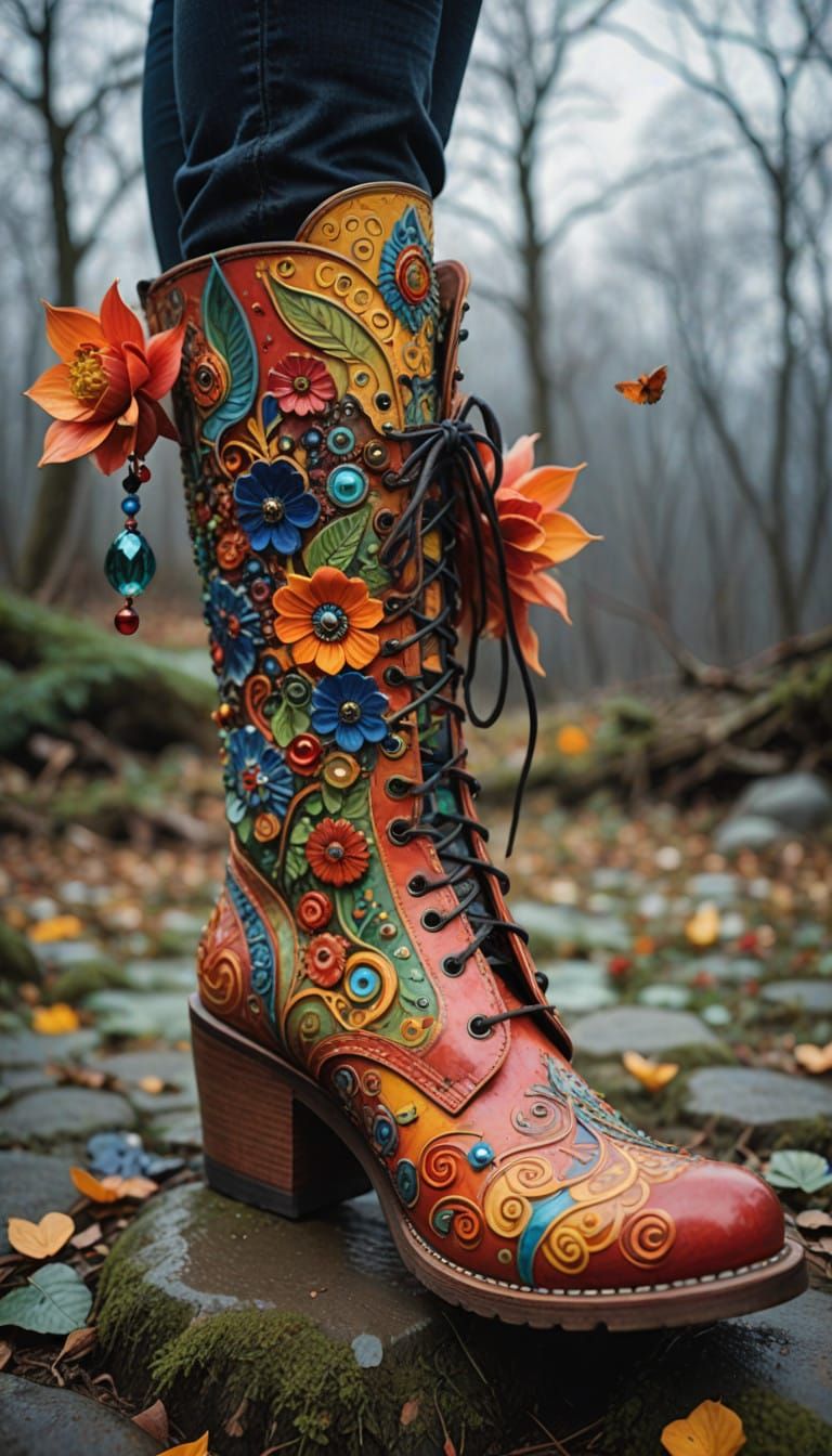 Vibrant Whimsical Boot in Folk Art Style
