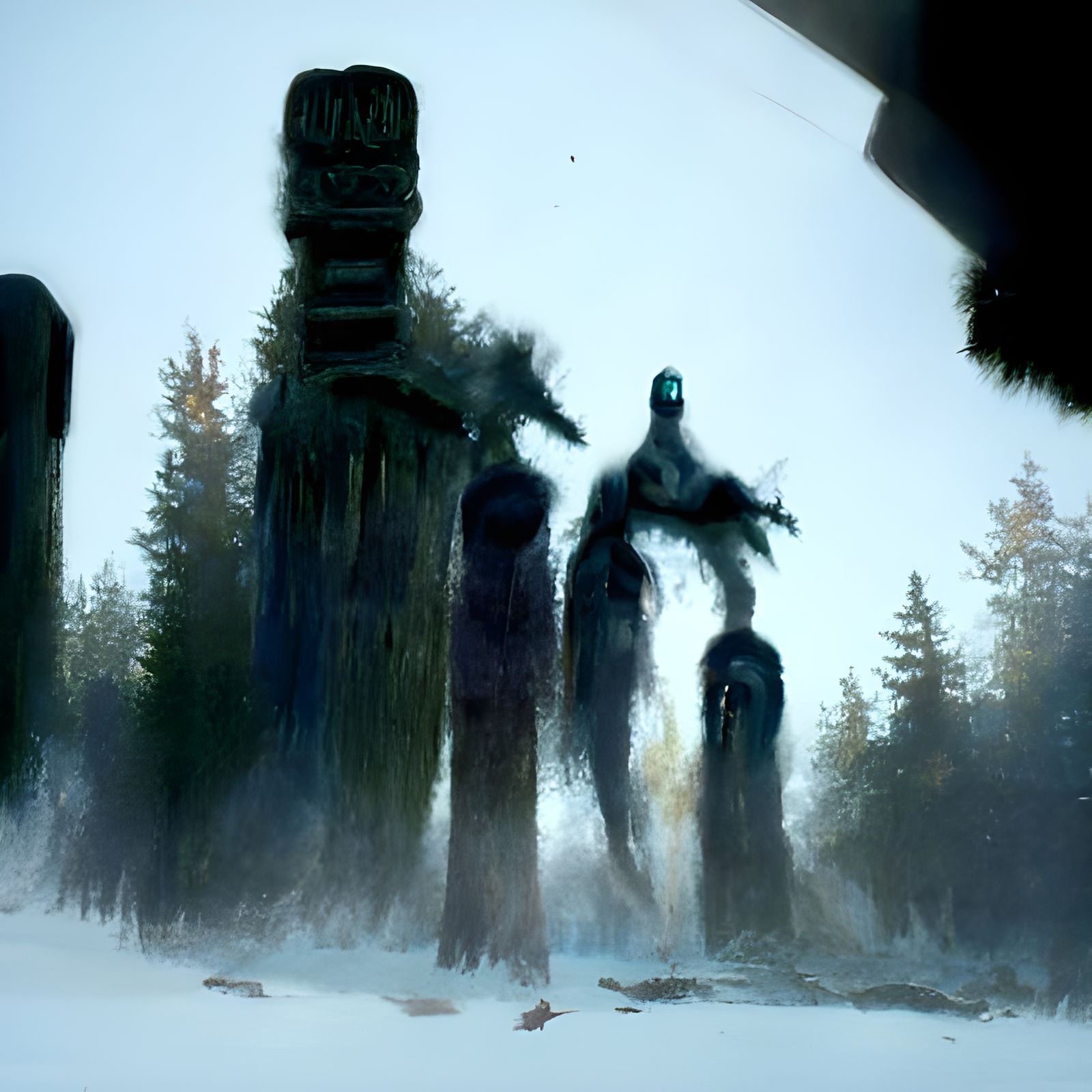 Sinister Ghosts Dancing Around Totem Pole