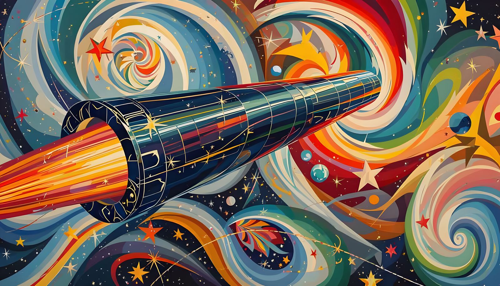 Sleek Cylinder with Iridescent Exhaust in Starry Vortex