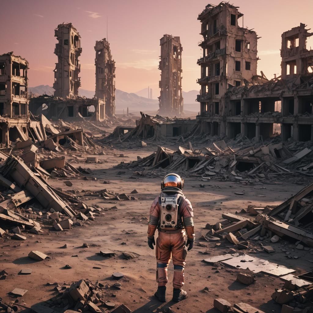 Desolate Astronaut in Abandoned Futuristic Cityscape